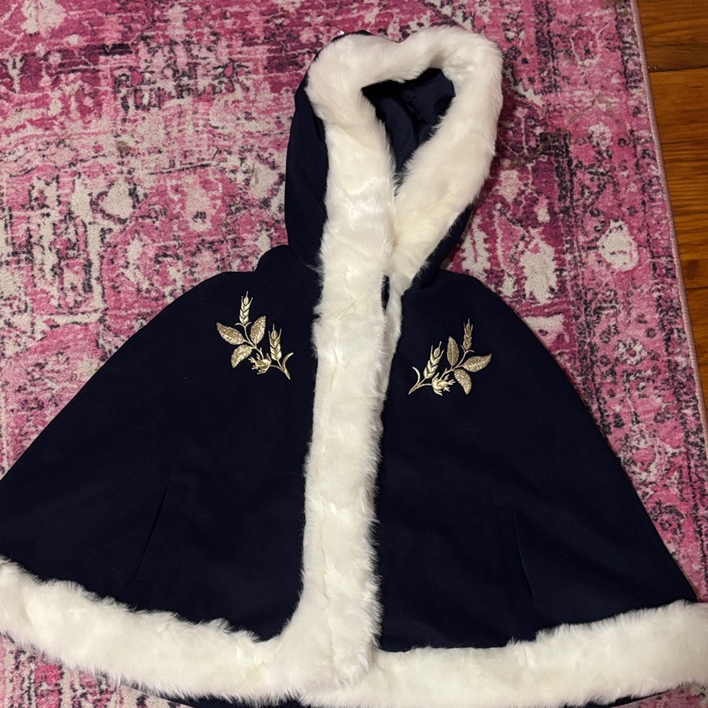 Janie and Jack Navy Cape with White Fur Trim